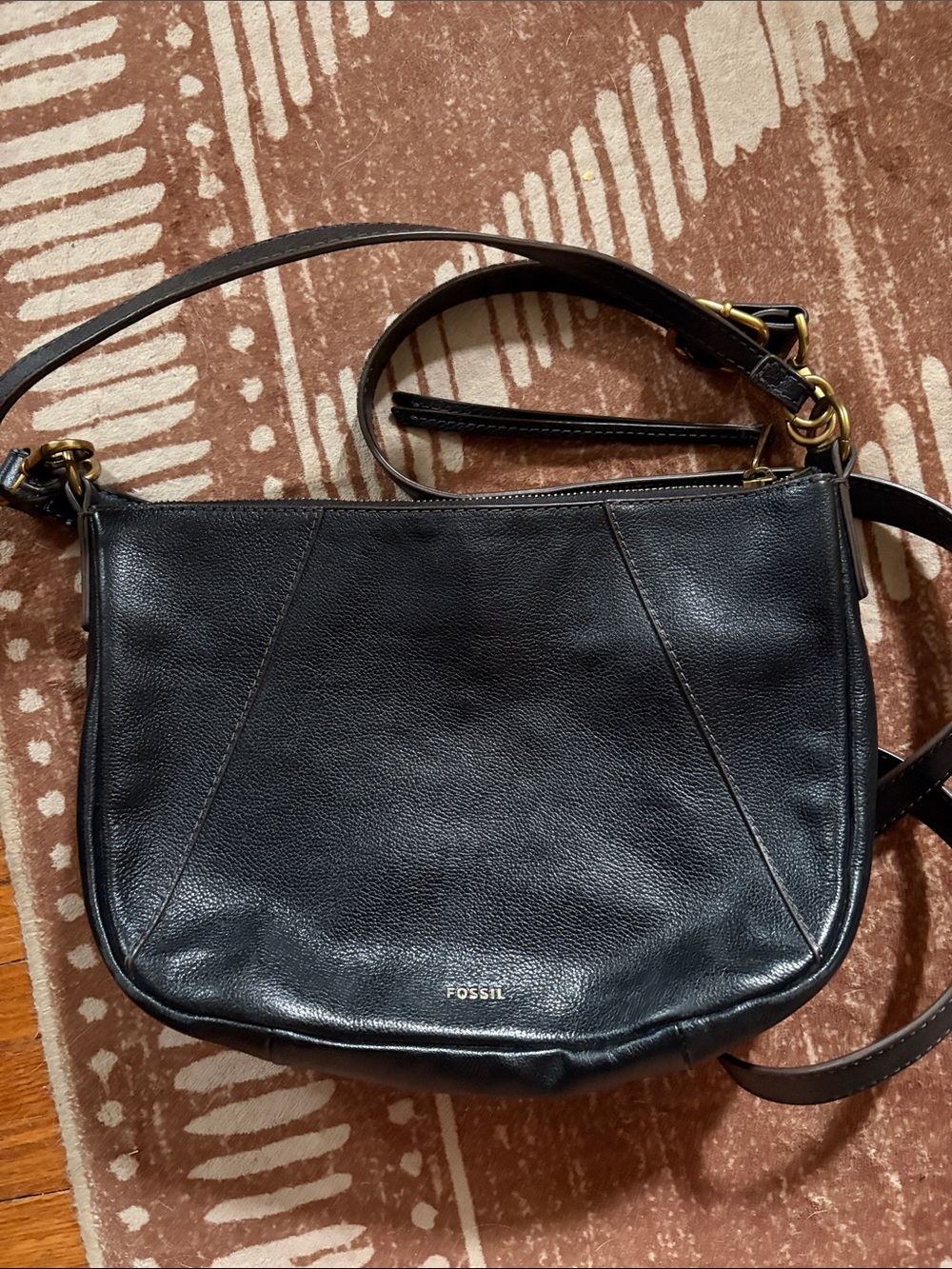 Fossil Black Pebbled Leather Shoulder Bag with Gold Hardware